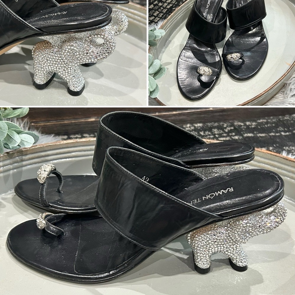 Ramon Tenza Black Heel W/Swarovski Crystal‎ Embellished Elephant Heel SZ 40 RARE
